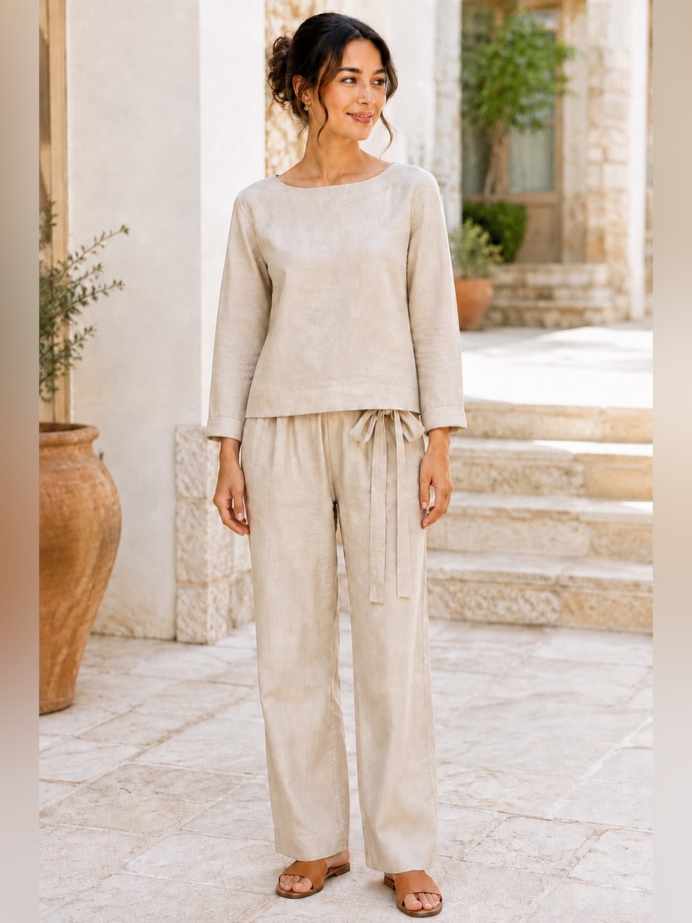 North Fashion Linen Cotton Two Piece Pant Set Natural Beige XS